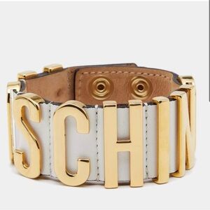 Moschino Logo Plaque White Leather Cuff Bracelet